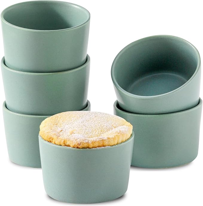 Tikooere Ramekins 6 oz, Oven Safe Souffl챕 Dishes for Creme Brulee, Souffle, Pot Pie, Stoneware Baking Dishes for Kitchen, Farmhouse Ceramic Ramikens Set of 6, Cute Christmas Gift, Matte Turquoise