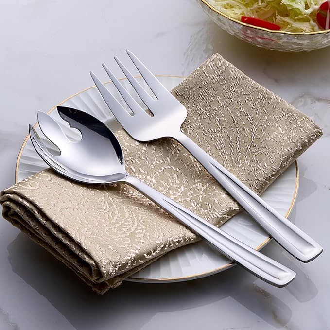 GoGeiLi Salad Server Set, 9.5-inch Stainless Steel Salad Serving Utensil, 2-Piece Large Salad Spoon and Fork Serving Set, Dishwasher Safe
