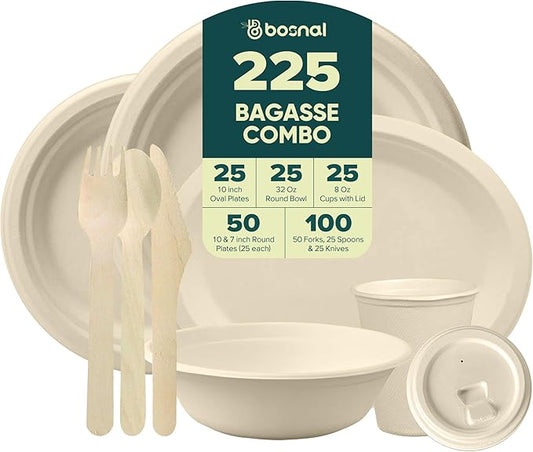BOSNAL 10 inch & 7 inch Round Plates, 10 inch Oval Plates, 32 oz Bowls & 8 oz Cups with Lidss & Cutlery ??100% Plant-Based Bagasse, Eco-Friendly, Compostable, Microwave Safe, Durable Dinnerware Set