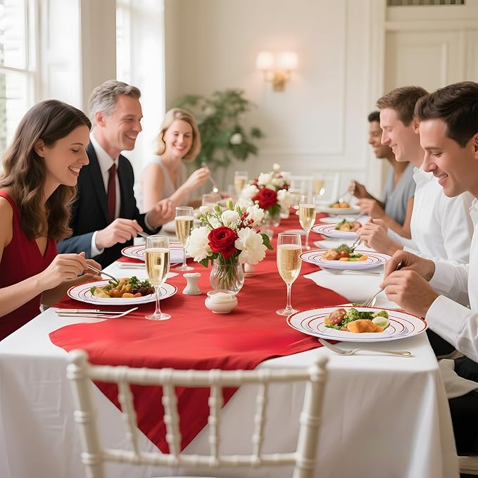 U-QE 100pcs Glitter Red Plastic Plates for Party - White and Red Plates Disposable - Nice Disposable Plates Include 50 10" Dinner and 50 7" Dessert Plate, Perfect for Party, Wedding & Special Moments