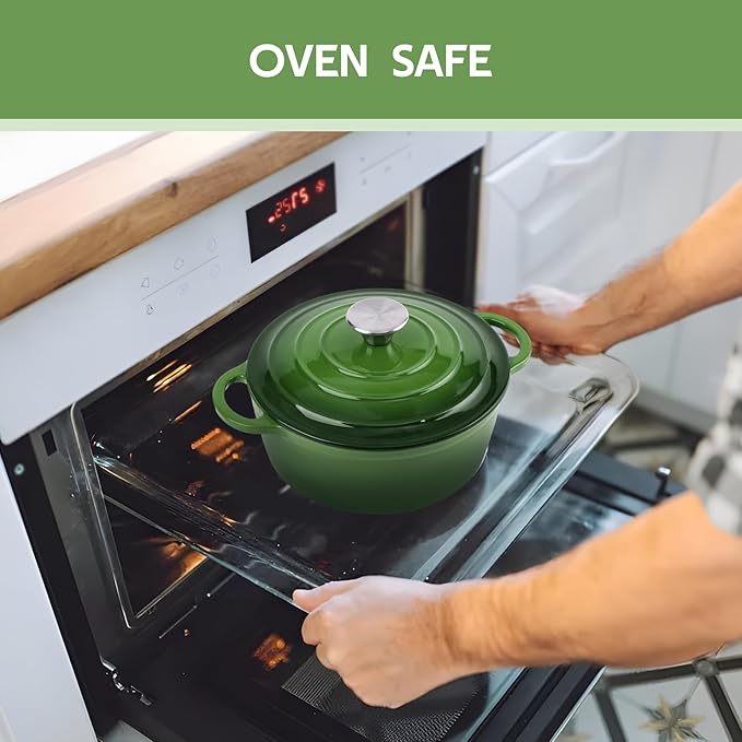 4.5 Quart Dutch Oven Enameled Cast Iron with Lid - Big Dual Handles - Oven Safe up to 500째F - Classic Round Pot for Versatile Cooking Green