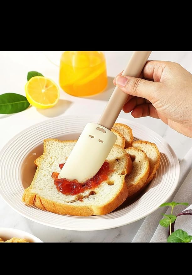 Silicone Baking Brush and Spatula Set, Beige and Cream, 2-Piece Kitchen Utensils with Smiley Face Design