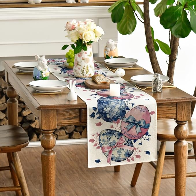 Artoid Mode Eggs Flowers Bow Leaves 210 GSM Easter Table Runner, Seasonal Floral Kitchen Dining Table Decoration for Home Party Decor 13x72 Inch