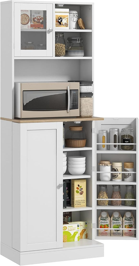 Zateety 66.5" Pantry Cabinet with Microwave Stand, Freestanding Kitchen Storage Cabinet with Hutch, 8 Door Shelves, Adjustable Shelves, Food Pantry Cabinet for Dining Room, White