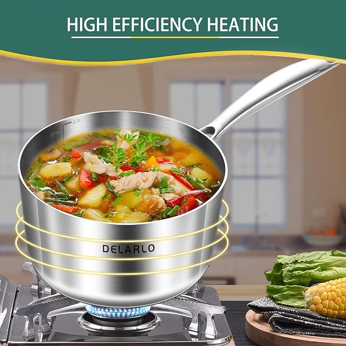 DELARLO Whole Body Tri-Ply Stainless Steel 3 Quart Saucepan with Lid, Oven Safe 600?? Heavy Duty Saucier Pan 3 Quart, Fast and Even Heat, Kitchen and Dining Sauce Pot, Induction Pot(Lids 300??