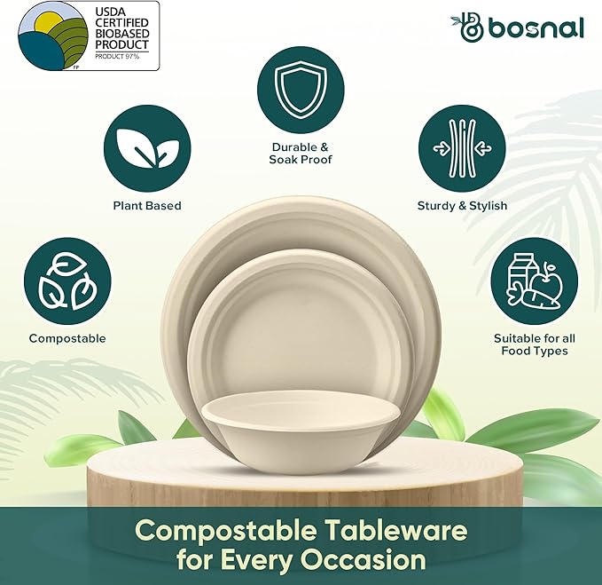 BOSNAL 10 inch & 7 inch Round Plates with 16 oz Bowls ??100% Plant-Based Sugarcane Bagasse, Eco-Friendly Disposable Dinnerware for Hot & Cold Meals, Microwave Safe, Compostable, Durable & Sustainable