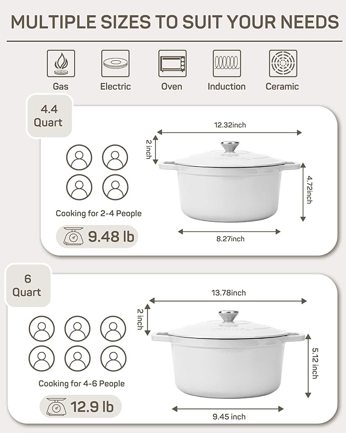 6 QT Dutch Oven Pot with Lid, Enameled Cast Iron Dutch Oven for Bread Making, Braiser, Cooking, Dual Handles, Oven Safe up to 500째 F or on Stovetop, Gifts for Family - Off White
