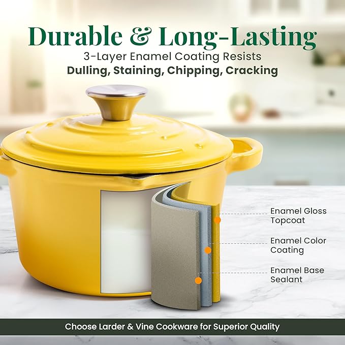 Larder & Vine Enameled Cast Iron Saucepan | 2.2 qt Sauce Pan with Lid | Saucepan with Pour Spouts | Enameled Cast Iron Pot Compatible on All Cooktops & Oven Safe to 500째 F | Limoncello