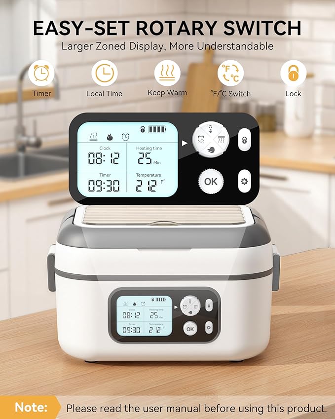 Yofidra Cordless Heated Lunch Box, 24000mAh 100W Electric Lunch Box with Smart Timer, 6.3-Cup Super Large Lunchbox for Men & Women, Portable Food Warmer with Insulated Bag for Outdoor/Office, White