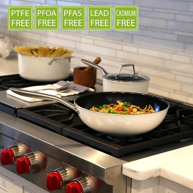 TeChef Collection | Ceramic Nonstick Flat Bottom Wok Stir Fry Pan, Nontoxic - Free of PFAS, PFOA, PTFE (Wok 12")