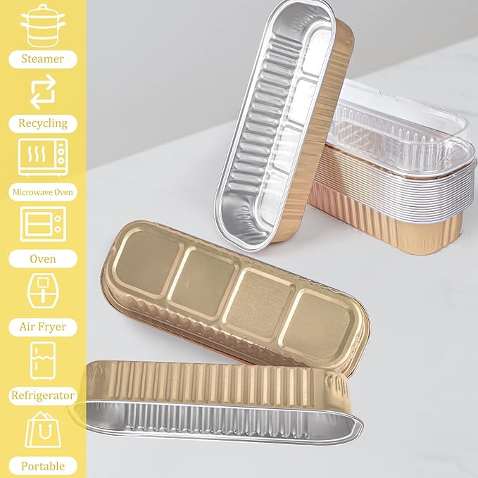 Fodofodo 20PCS Rectangle Mini Loaf Pans with Lids,Mini Cake Pans with Lids,Disposable Ramekins Baking Cups Muffin Tins Cupcake Cups for Wedding Party Birthday,6.8oz (Champagne)