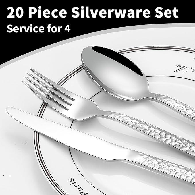 20-Piece Silverware Set, Hammered Stainless Steel Flatware Set for 4, Kitchen Utensil Cutlery Set Include Forks and Spoons Knives Flatware Set, Mirror Finish & Durable, Dishwasher Safe