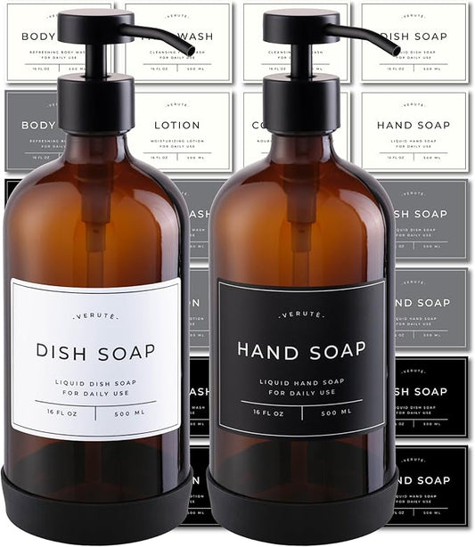 Hand and Dish Soap Dispenser for Kitchen and Bathroom, Set of 2 16 Oz Glass Bottles, Stainless Steel Pumps, Non-Slip Silicone Base, 27 Waterproof Labels (Amber Bottle/Black Pump)