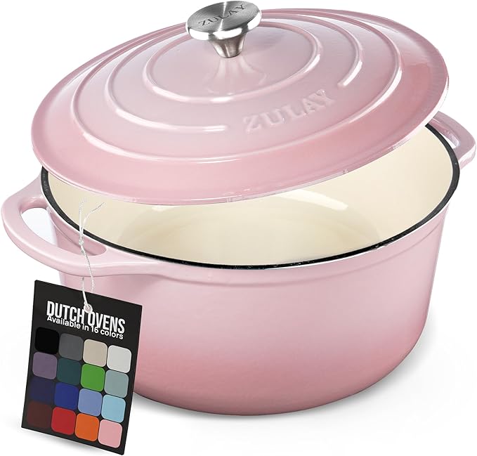 Zulay Kitchen 6 Quart Enameled Cast Iron Dutch Oven Pot with Lid ??Premium Durability & Oven Safe up to 500째F ??Heavy Duty Cookware Perfect for Bread Baking, Stews, Braising & Roasting ??Pink