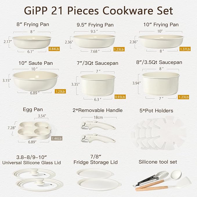 GiPP Ceramic Pots and Pans Set Non Stick, Nonstick Detachable Handle Cookware Sets, Healthy Non Toxic PFAS PFOA & PTFE Free, Dishwasher 竊냀ven Safe, Induction Kitchen Pot and Pan, 21 Piece Cream