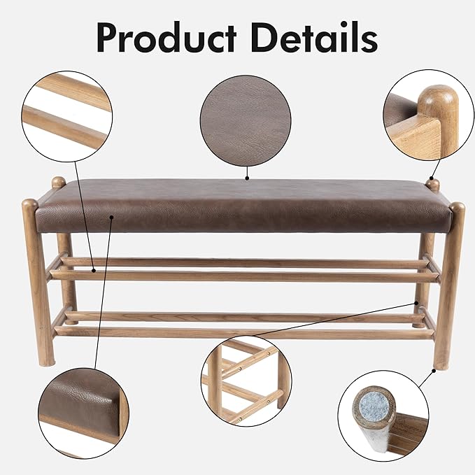 XINNAN Solid Wood Entryway Bench with Shoe Storage, Rustic Oak Wood and PU Leather 45 Inch Long Seating for Living and Dining Rooms, 3-Tier Brown