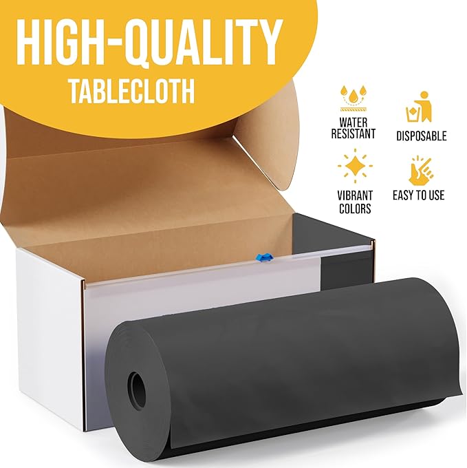 Party Solids 54 Inch X 300 Feet Black Plastic Table Cover Roll in A Cut - to - Size Box with Convenient Slide Cutter. Cuts Up to 36 Rectangle 8 Feet Plastic Disposable Tablecloths