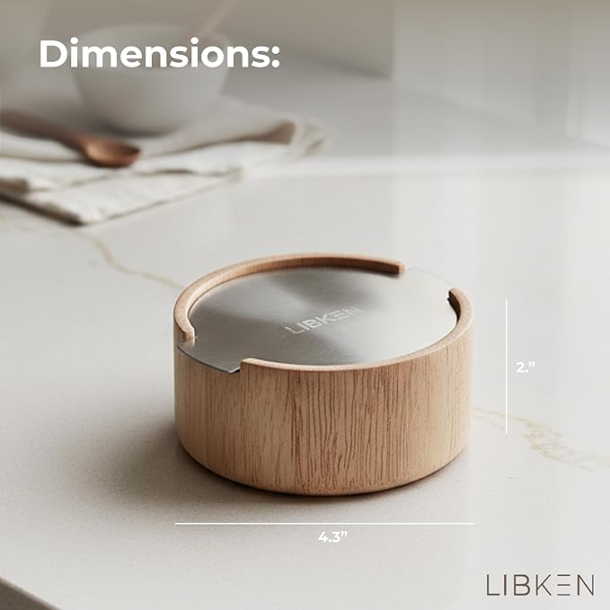 Wooden Salt Box with Stainless Steel Lid & Spoon ??Rubberwood Keeper to avoid Dust, Minimal Scandinavian Bowl for Pepper, Spices, Herbs and Salt Storage Container - Wooden