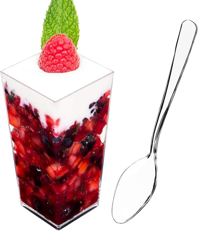DLux 100 x 3 oz Mini Dessert Cups with Spoons, Square Tall - Clear Plastic Parfait Appetizer Cup - Small Reusable Serving Bowl for Party Desserts Appetizers - with Recipe Ebook