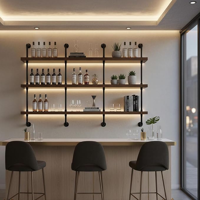 78.7-inch Modern Wall-Mounted Wine Rack with LED Lights, 3-Tier Liquor Bottle Display Bar Shelves, Industrial Wine Rack Floating Shelf, Multifunctional Wine Storage Rack for Home, Kitchen or Bar Decor