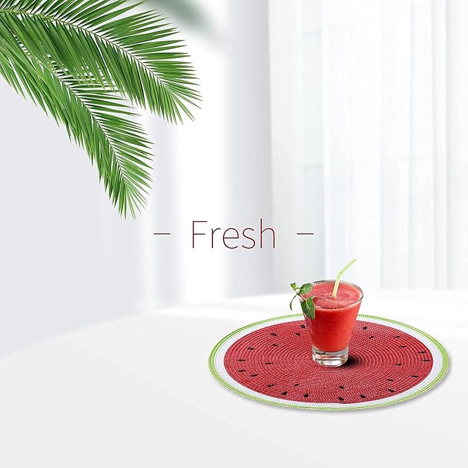 AHHFSMEI Round Braided Placemats 15 Inch Round Table Mats for Dining Tables Natural Woven Heat Resistant Place mats Set of 6 (Watermelon red)