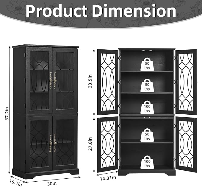 67" Tall Pantry Cabinet Set of 2, Vintage Kitchen Pantries Cabinets with Glass Doors & Adjustable Shelves, Wood Cupboard with Large Storage for Dingning Room, Bathroom, Black