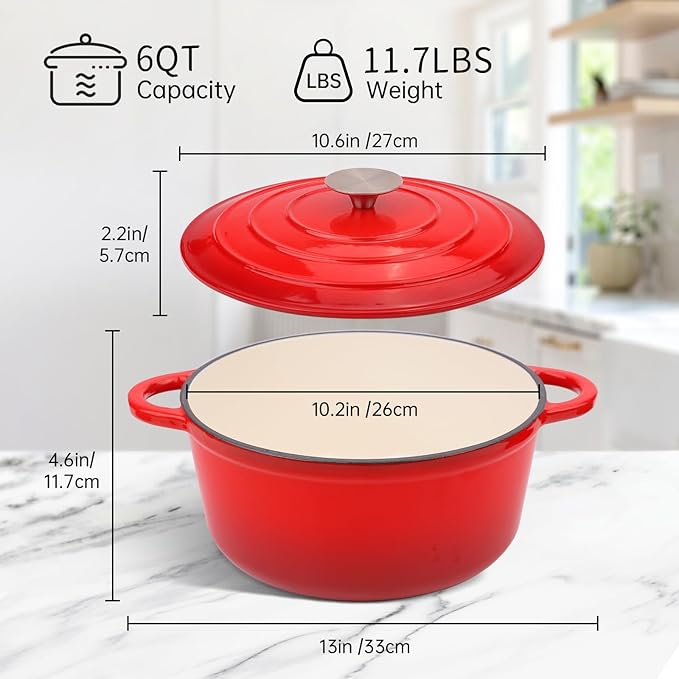 6 Quart Enameled Cast Iron Dutch Oven Pot with Lid and Silicone Accessories, Oven Safe up to 500째F or on Stovetop, Non-stick Dutch Oven for Bread Baking, Cooking, Dual Handles Cookware, Red
