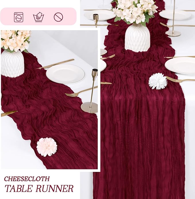 RealBox 3 Pack Burgundy Cheesecloth Table Runner 17x108 Inch Semi Sheer Boho Gauze Cheese Cloth Fabric Table Runners Table Decor for Wedding Party Baby Shower Birthday Home Decor Garden Farmhouse