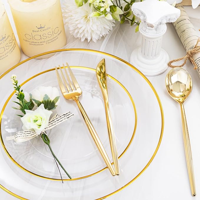 LIYH 360 Pcs Gold Plastic Silverware - Elegant Gold Silverware Disposable Utensils Set for Weddings, Parties & Events - Includes Forks, Spoons, Knives, Cutlery Tableware