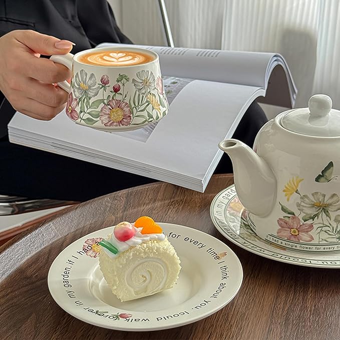 Teacup and Saucer Set with 2 Tea Cups and 2 Saucers Vintage Ceramic Espresso Coffee Mug for Coffee, Latte, Cappuccino