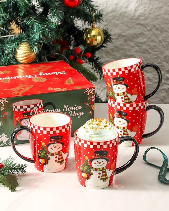 HASENSE Coffee Mugs, 15 OZ Coffee Cups Ceramic Set of 4 with Handle and Snowman Patterns for Man Woman, Colorful Christmas Porcelain Coffee Cups Set for Tea, Cocoa, Milk, Latte and Cappuccino