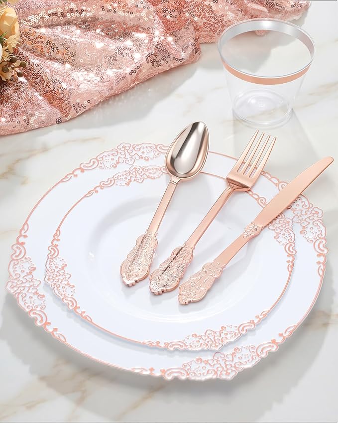 Goodluck 350 Piece Rose Gold Plastic Dinnerware Set for 50 Guests,Fancy Disposable Plates,Include: 100 Rose Gold Rim Plastic Plates,150 Silverwares,50 Pre Rolled Napkins,50 Cups for Party,Wedding