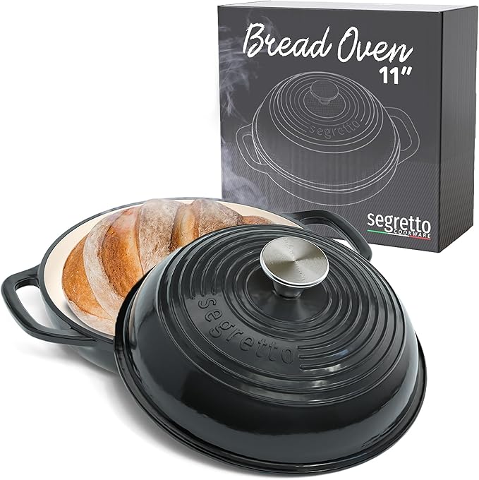 Enameled Cast Iron Bread Pan with Lid, 11??Nero (Black) Bread Oven Cast Iron Sourdough Baking Pan, Dutch Oven for Bread - Segretto Cookware
