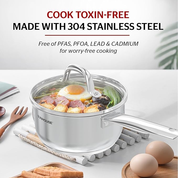 Sunhouse ??2 Quarts Stainless Steel Sauce Pan with Lid - PFOA-FREE, Stainless Steel Sauce Pan, Advanced Impact Bonding Induction Base, Stay-Cool Handle, Compatible with All Cooktops