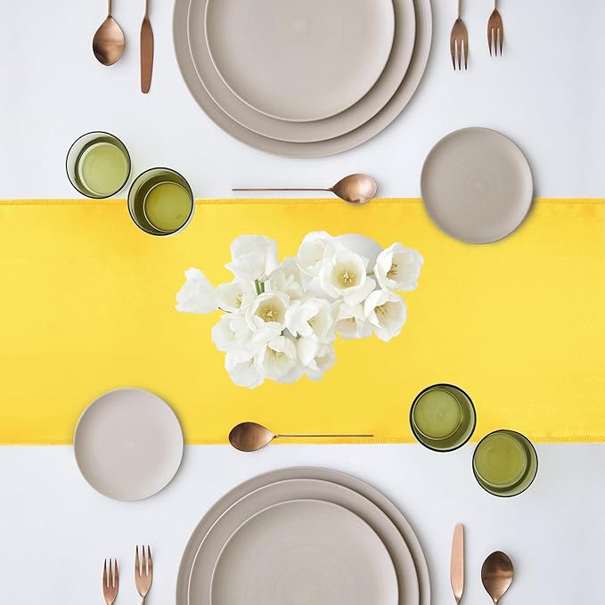 Yblut 10 Pack Satin Table Runner 12 x 108 Inch Long Yellow Silk Table Runner for Wedding Party Banquet Birthday Decoration
