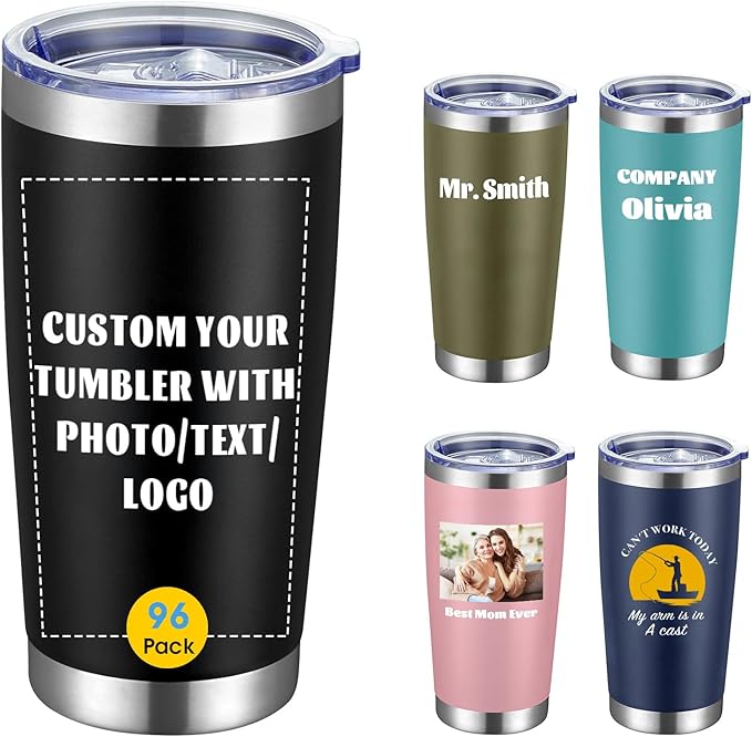 COMOOO Personalized 20oz Stainless Steel Tumbler with Lid, Insulated Tumbler Custom Gift with Text, Photo, Logo for Men, Women, Friends竊똁lack, 96 Pack