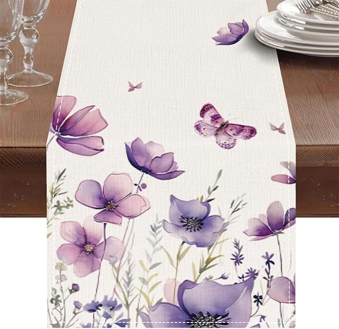 ZCHOMI Purple Flowers Table Runner 13x72 Inch Spring Summer Seasonal Kitchen Dinning Table Decoration for Indoor Outdoor Home Party D챕cor