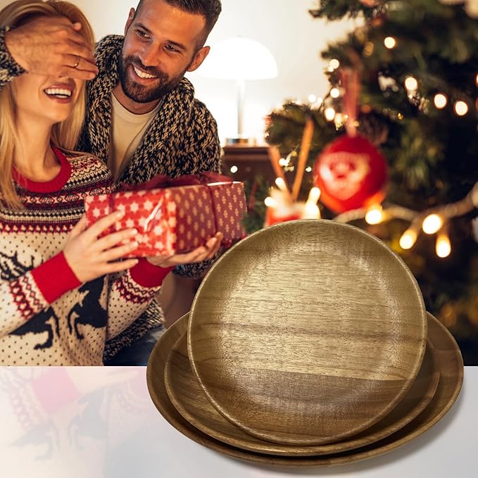 Acacia Wooden Plates Set of 3, 6/8/10 Inch Round Serving Platters for Charcuterie, Appetizers, Acacia Wood Plates, Stackable Dinnerware Trays for Kitchen, Party & Entertaining (Round Tray)