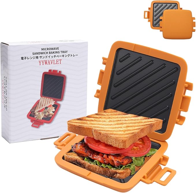 Microwave Sandwich Maker, Heat-Resistant Silicone Rubber Shell, Advanced HeatWave Technology, Non-Stick Plates, Easy to Clean, Makes Toast, Sandwiches, Paninis, Patties (Orange)