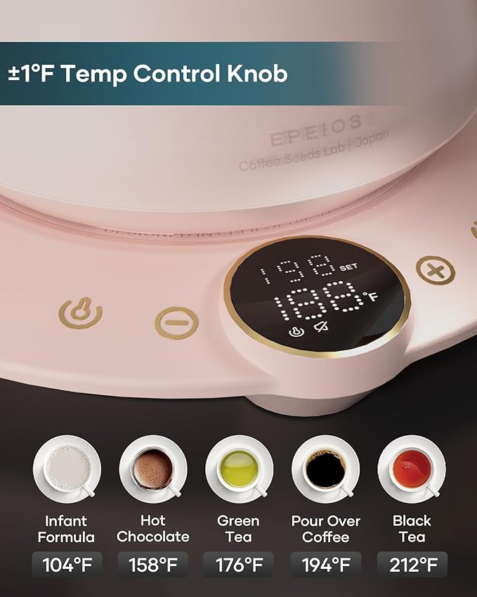 Gooseneck Electric Kettle with 짹1??Temperature Control for Pour Over Coffee & Tea, Quick Heating, BPA-Free Stainless Steel, Built-in Brew Timer, 1500W/0.9L (Petal Pink)