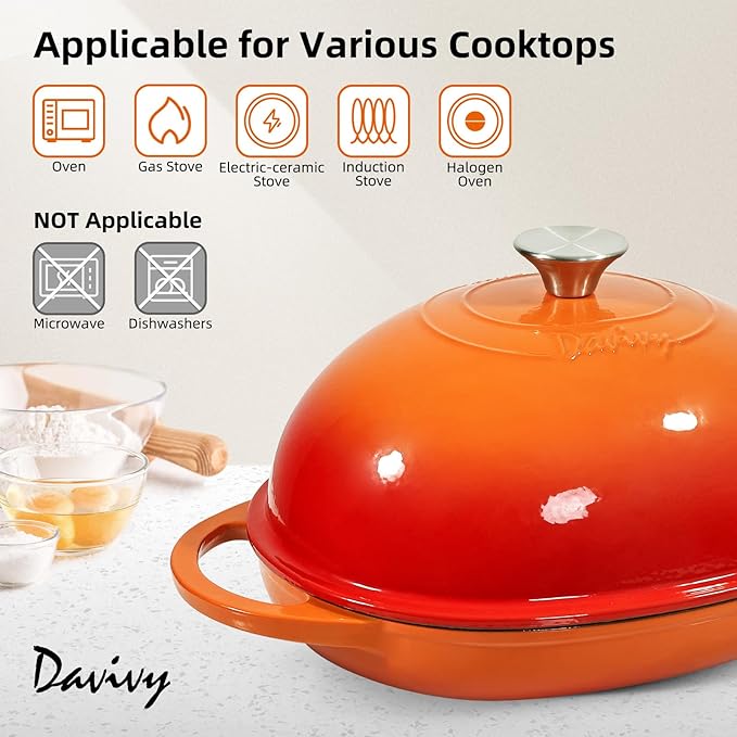 Davivy 6QT Oval Cast Iron Sourdough Dutch Oven with Silicone Baking Mat, Dutch Oven for Sourdough Bread, Non-stick Cast Iron Bread Cloche Bread Pan - Flame Orange