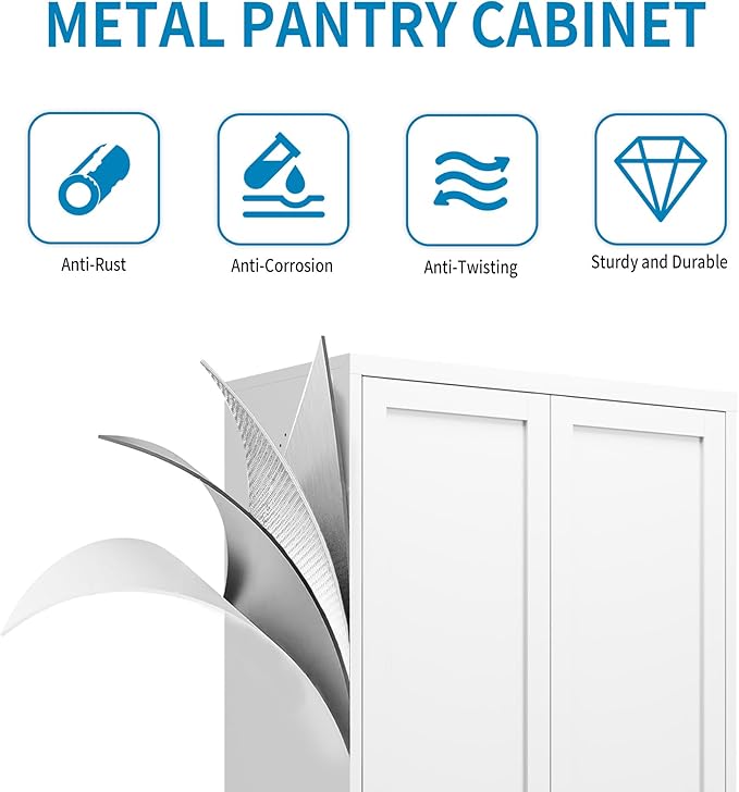 5-Tier White Steel Pantry Storage Cabinet with 2 Doors & 4 Adjustable Shelves, Tall Metal Cabinets for Kitchen, Living Room, Garage, Heavy Duty Freestanding Utility Cabinet, Assembly Require