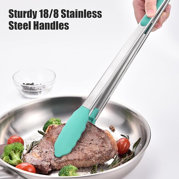 Doosu Kitchen Tongs for Cooking - 600째F Heat Resistant Food Tong with Non-Scratch Silicone Tips, Heavy Duty Stainless Steel Locking Tong for BBQ, Grilling Steak, Serving Salad, Pasta (16in, Aqua Sky)