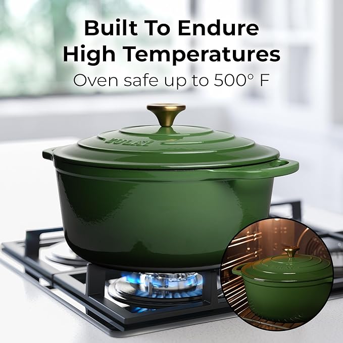 Zulay Kitchen 5 Quart Enameled Cast Iron Dutch Oven Pot with Lid ??Premium Durability & Oven Safe up to 500째F ??Heavy Duty Cookware Perfect for Bread Baking, Stews, Braising & Roasting ??Green