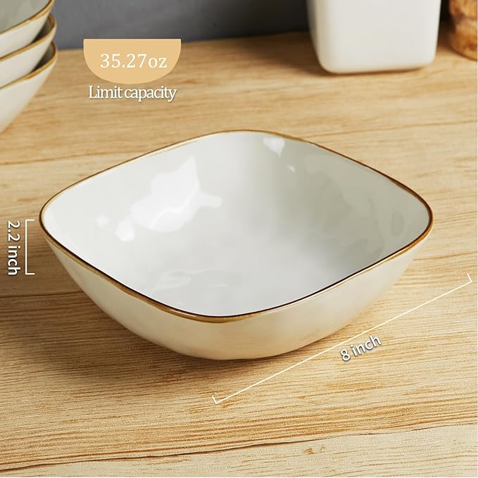 famiware Large Pasta Bowls Set of 4, Ocean Square 8" Bowls, Pasta Serving Bowl Large Dinner Bowls, Kitchen Bowl Set, Microwave and Dishwasher Safe, Scratch Resistant, Vanilla White