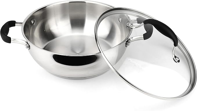 AVACRAFT 18/10 Stainless Steel Everyday Pan, Stir Fry Pan with Five-Ply Base, Chef?셲 Pan with Glass Lid, Multipurpose Stewpot Skillet, Saute Pan, Casserole in Pots and Pans (9 Inch)