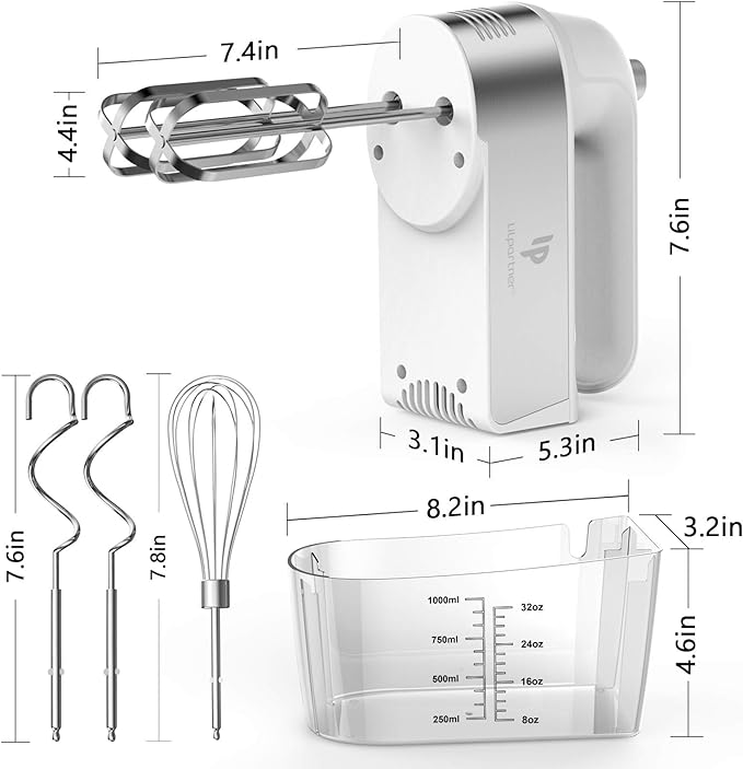 Hand Mixer Electric, 450W Kitchen Mixers with Scale Cup Storage Case, Turbo Boost/Self-Control Speed + 5 Speed + Eject Button + 5 Stainless Steel Accessories, For Easy Whipping Dough, Cream, White
