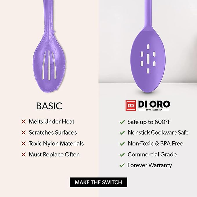 DI ORO Silicone Spoons for Cooking - Large Kitchen Spoons for Mixing, Serving & Stirring - 600째F Heat-Resistant Non Stick Utensils ??Big Solid & Slotted Basting Spoon - Dishwasher Safe (2pc, Lavender)