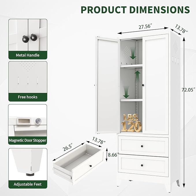 72" Tall Kitchen Pantry Cabinet,White Metal Pantry Cabinet with 2 Drawers & 2 Adjustable Shelves,Utility Storage Cabinet Rust-Resistant for Living Room,Dining Room,Bathroom,Garage,Basement