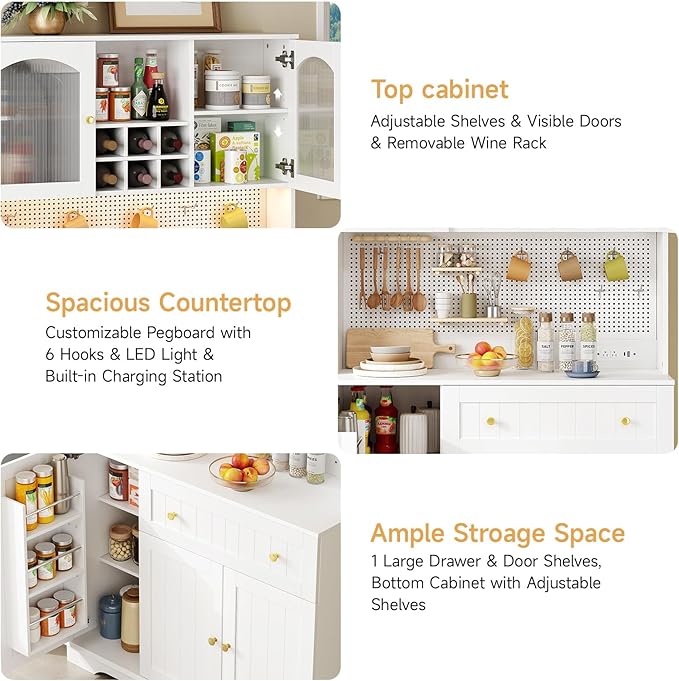 ONBRILL 71" Pantry Storage Cabinet with Microwave Shelf & Door Shelves, Kitchen Wood Pantry with Outlet & LED Light, Kitchen Hutch with DIY Pegboard & 6 Hook, Modern Cabinet with Drawer & Wine Rack